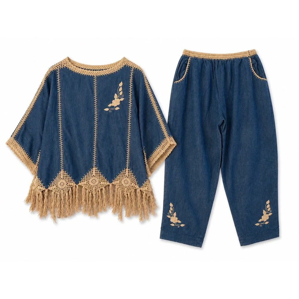 Womens Boho 2 Piece Set Blue Crochet Fringe Embroidered Pants Top Western L XL